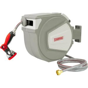 imageChapin 5997 65feet Retractable Garden Hose Reel Wall Mounted HeavyDuty Case and 180 Swivel Frame Mount Automatic Retract and Locking Hose with 10 Position Metal Garden Hose Spray Nozzle