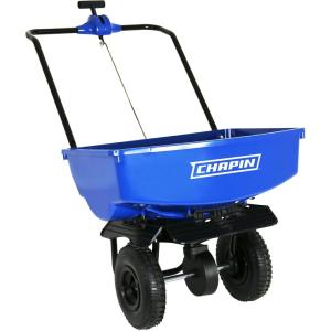 imageChapin 8003A 65Pound Made in The USA Residential Salt and Ice Melt Walk Behind Spreader Rear and Side Baffles 9quot Tires UShaped Flipup Handle Steel Frame Enclosed Gear Box Blue