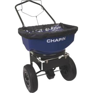 imageChapin 8201A Made in The USA 80Pound Sure Spread Salt and Ice Melt Walk Behind Spreader Front and Side Baffles 12quot Tires UShaped Flipup Handle Steel Frame Enclosed Gear Box Blue