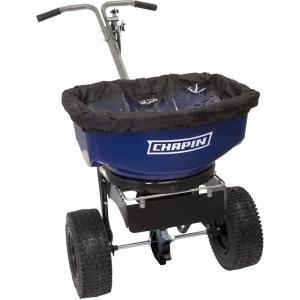 imageChapin 82104B Made in The USA 80Pound Poly Hopper Professional and Contractor Salt and Ice Melt Walk Behind Broadcast Spreader RustResistant 12quot Tires Blue