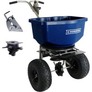 imageChapin 82400B Made in The USA 100pound Professional Rock Salt and Ice Melt Walk Behind Spreader Baffles 14quot Tires T Handle Stainless Steel Frame Enclosed Gear Box Blue